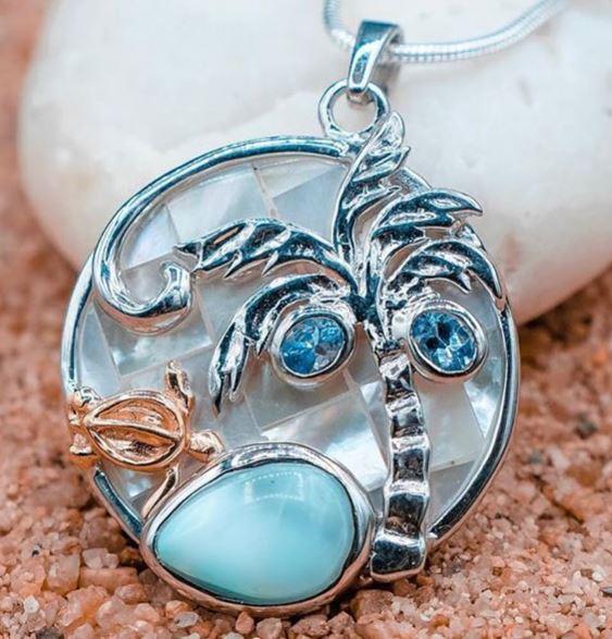 Sea Turtle and Palm Tree Necklace with Larimar, Blue Topaz and Mother of Pearl