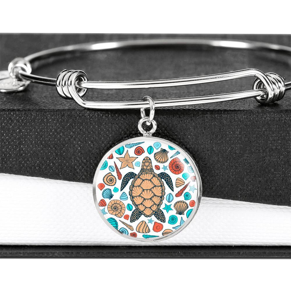 Sea Turtle and Seashells Bangle Bracelet