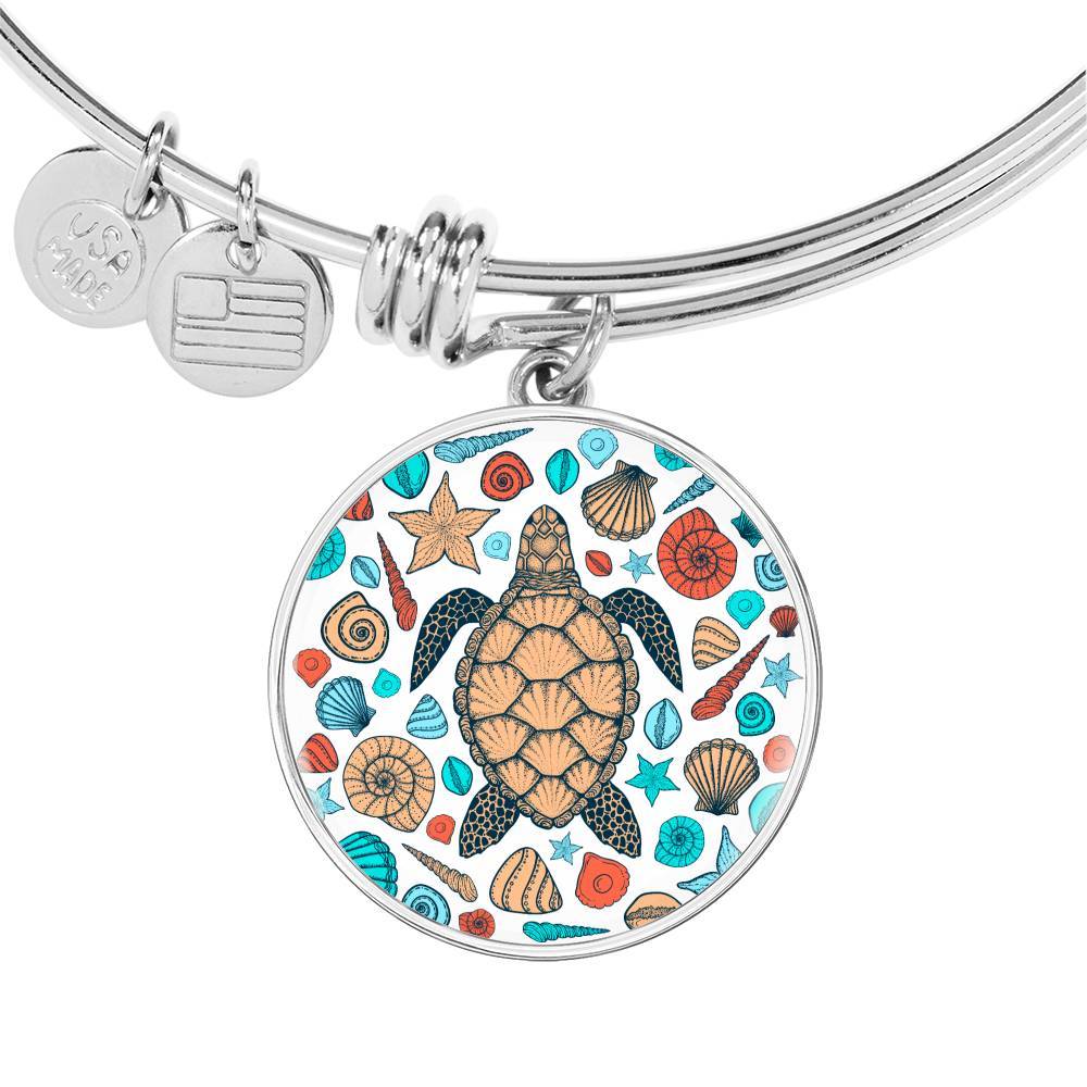 Sea Turtle and Seashells Bangle Bracelet