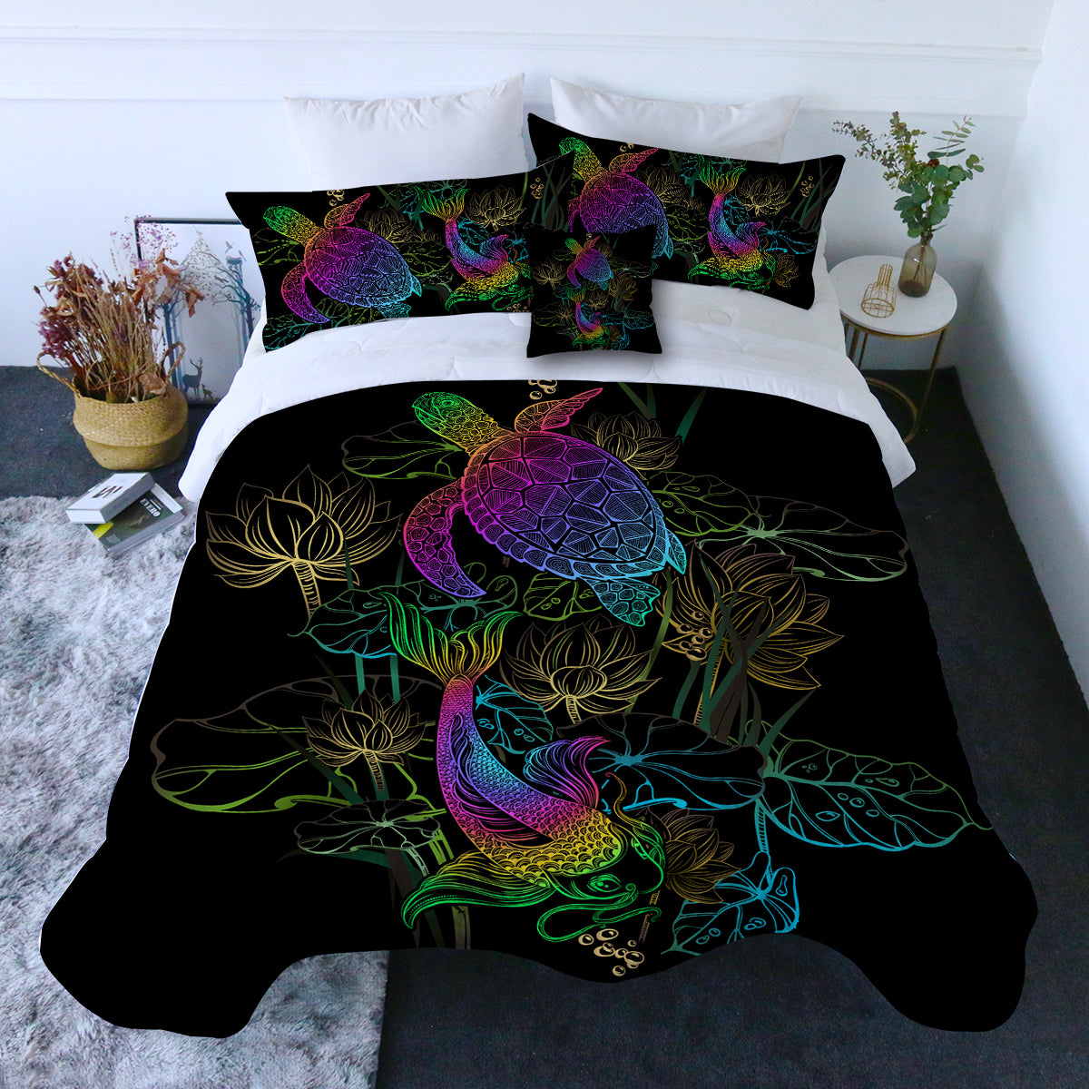 Sea Turtle and Koi Comforter with Shams and Pillow Cover