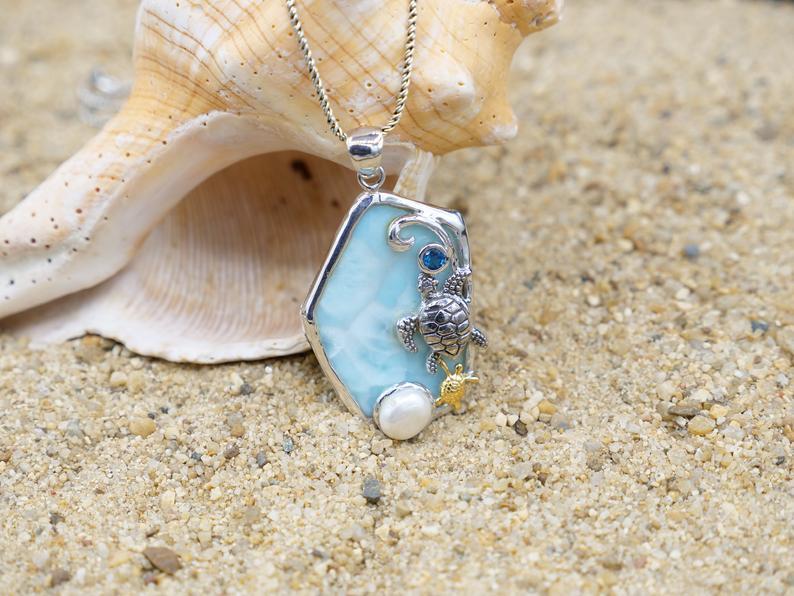 Sea Turtle Family Pendant with Fresh Pearl, Larimar and Blue Topaz - Custom Piece