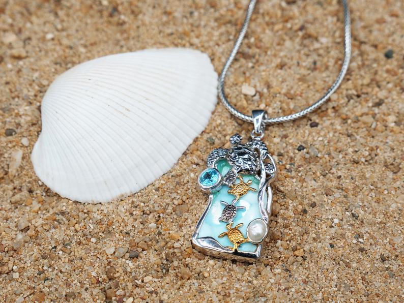 Sea Turtle Family with Larimar, Blue Topaz and Pearl Beach Pendant - Only One Piece Created