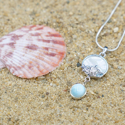 Sea Turtle Pendant Necklace with Blue Topaz, Mother of Pearl Mosaic and Larimar Stone