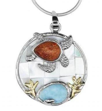 Sea Turtle Necklace with Larimar, Coral and Mother of Pearl
