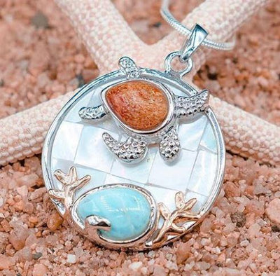 Sea Turtle Necklace with Larimar, Coral and Mother of Pearl