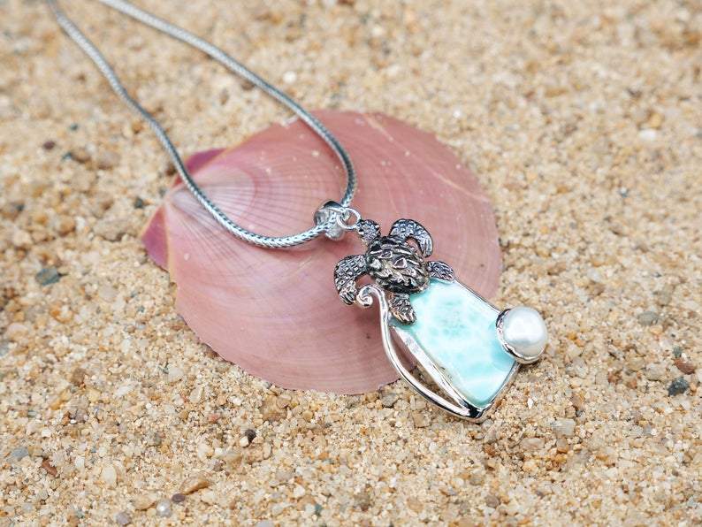 Sea Turtle Pendant with Larimar and Pearl - Only One Piece Created