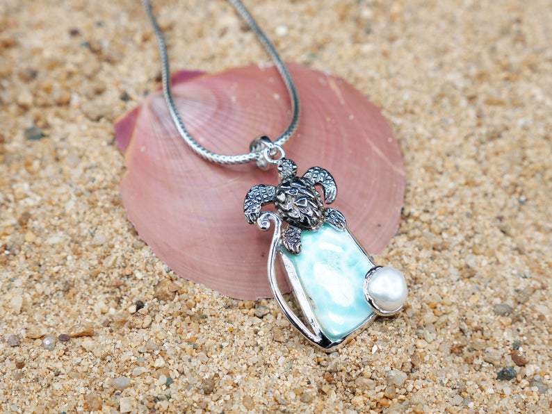 Sea Turtle Pendant with Larimar and Pearl - Only One Piece Created