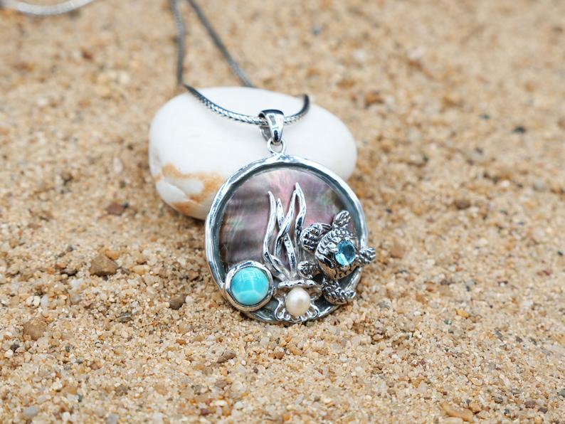 Sea Turtle Pendant with Larimar, Blue Topaz and Pearl - Only One Piece Created