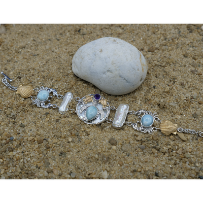 Sea Turtles and Crab Bracelet with Larimar, Amethyst, Mother of Pearl and Fresh Water Pearls - Only One Piece Created