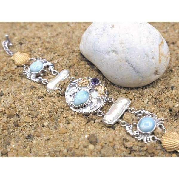 Sea Turtles and Crab Bracelet with Larimar, Amethyst, Mother of Pearl and Fresh Water Pearls - Only One Piece Created