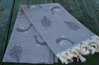 Sea Turtles and Dolphins Gray 100% Cotton Towel