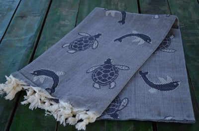 Sea Turtles and Dolphins Gray 100% Cotton Towel