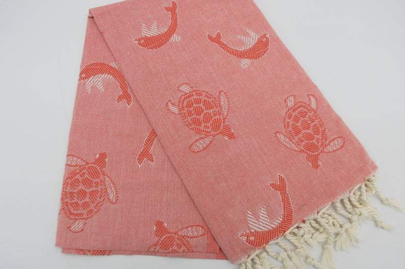 Sea Turtles and Dolphins Red 100% Cotton Towel