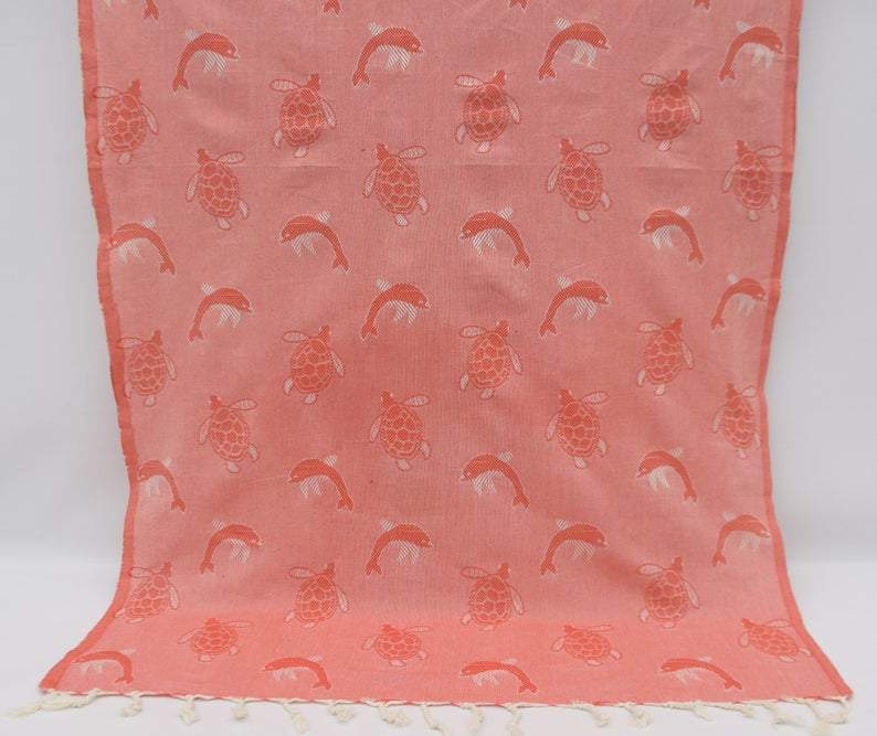 Sea Turtles and Dolphins Red 100% Cotton Towel