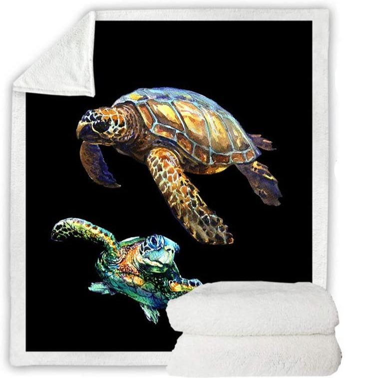 Sea Turtles in Black Soft Sherpa Blanket