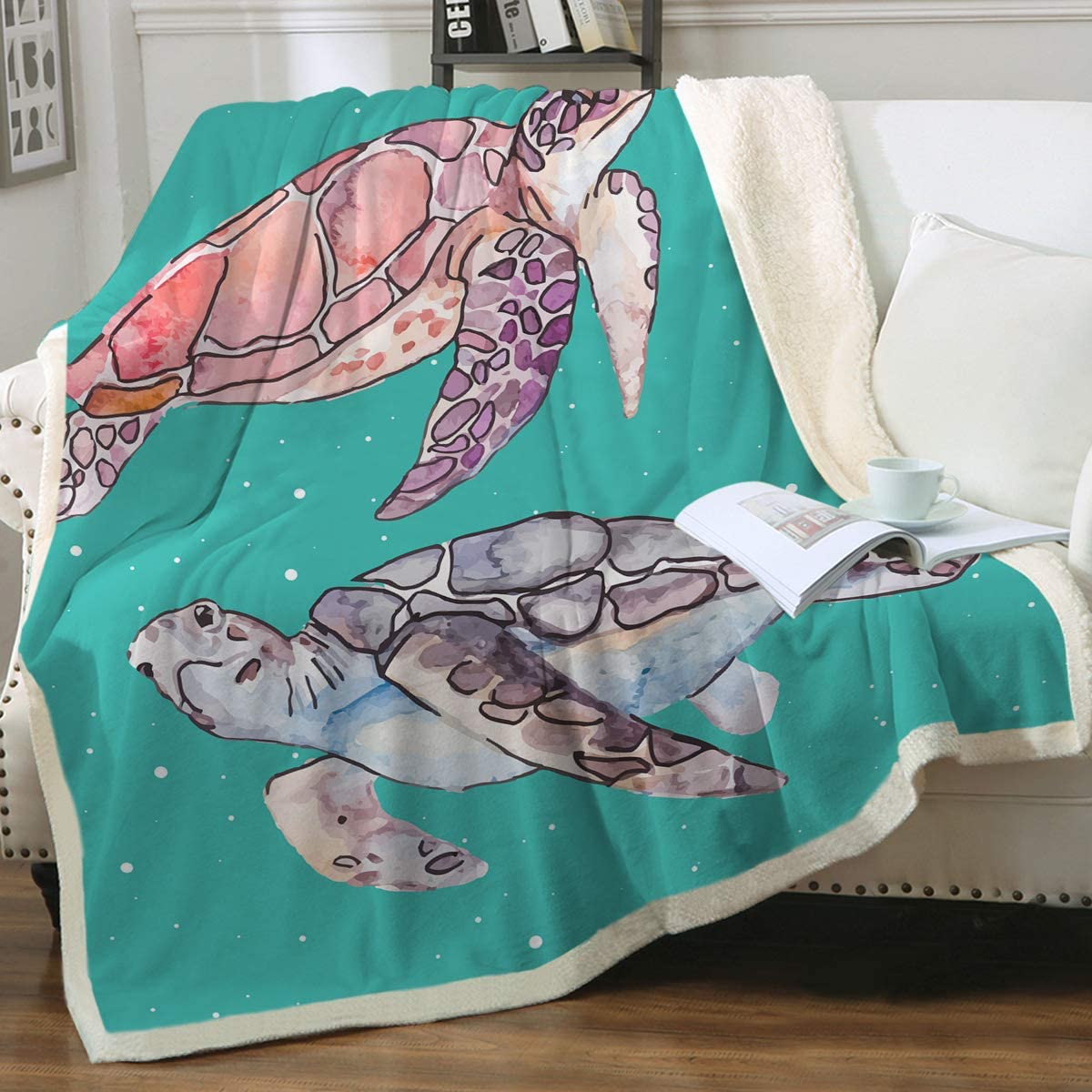 Sea Turtles in Green Soft Sherpa Blanket