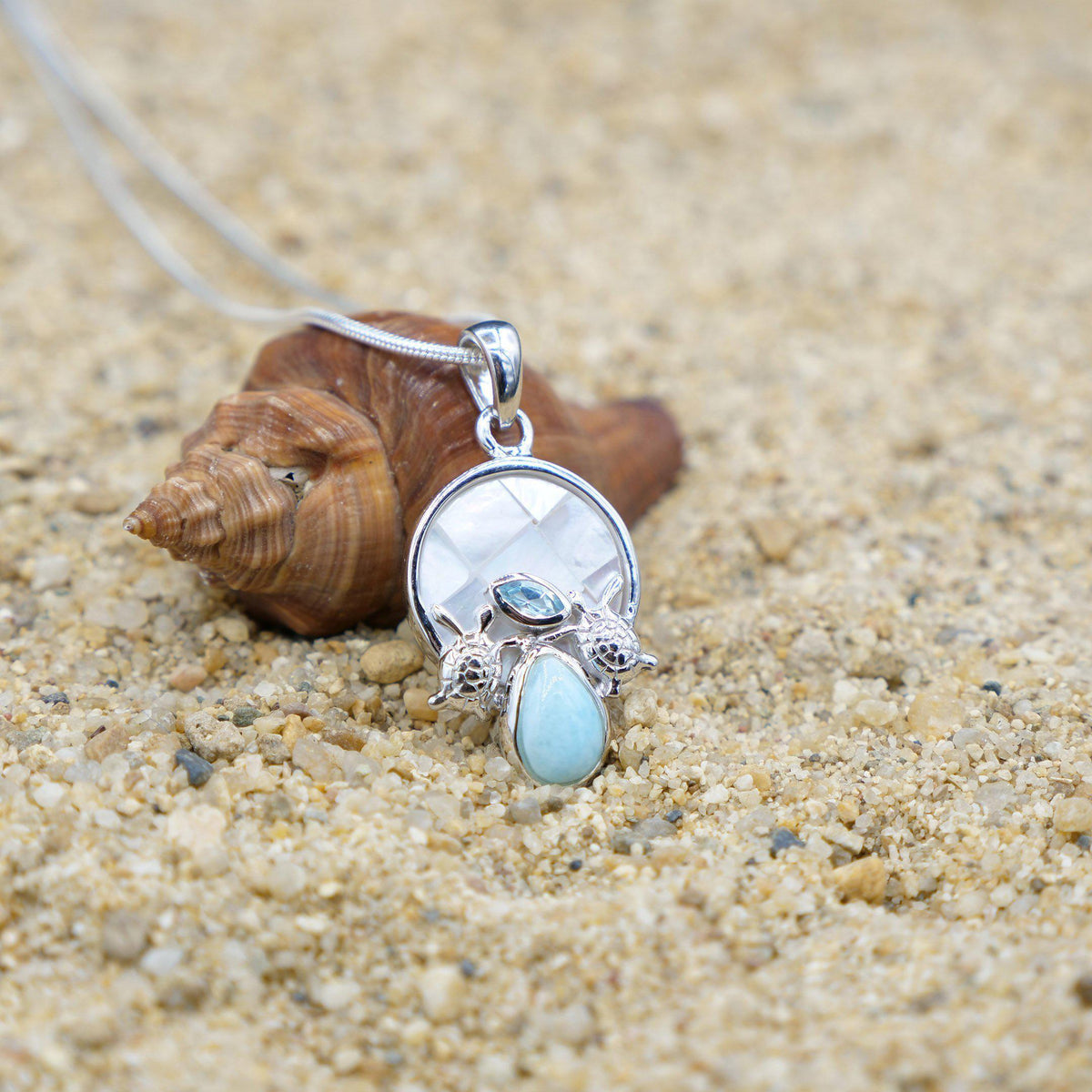 Sea Turtles Pendant Necklace with Blue Topaz, Mother of Pearl Mosaic and Larimar Stone