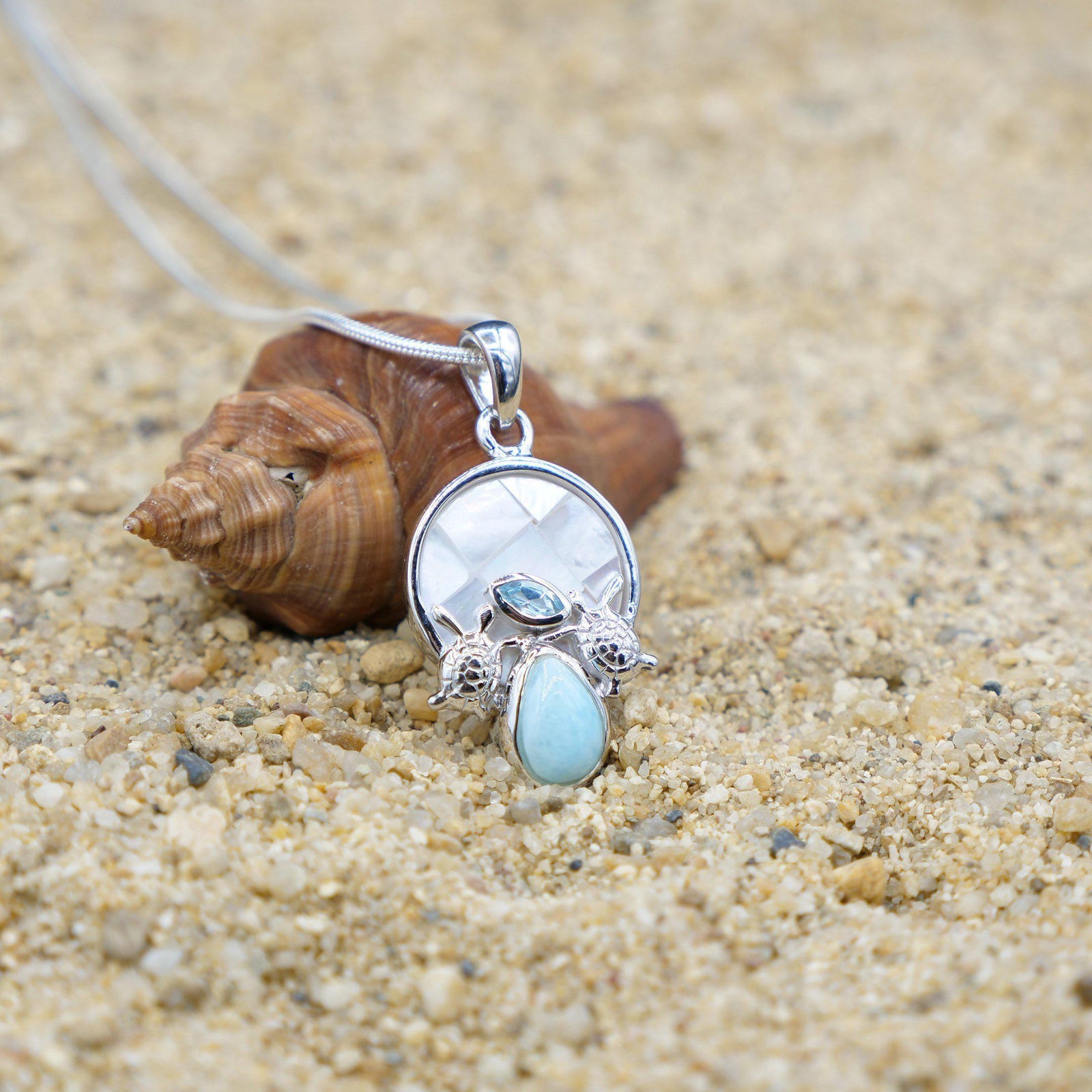 Sea Turtles Pendant Necklace with Blue Topaz, Mother of Pearl Mosaic and Larimar Stone