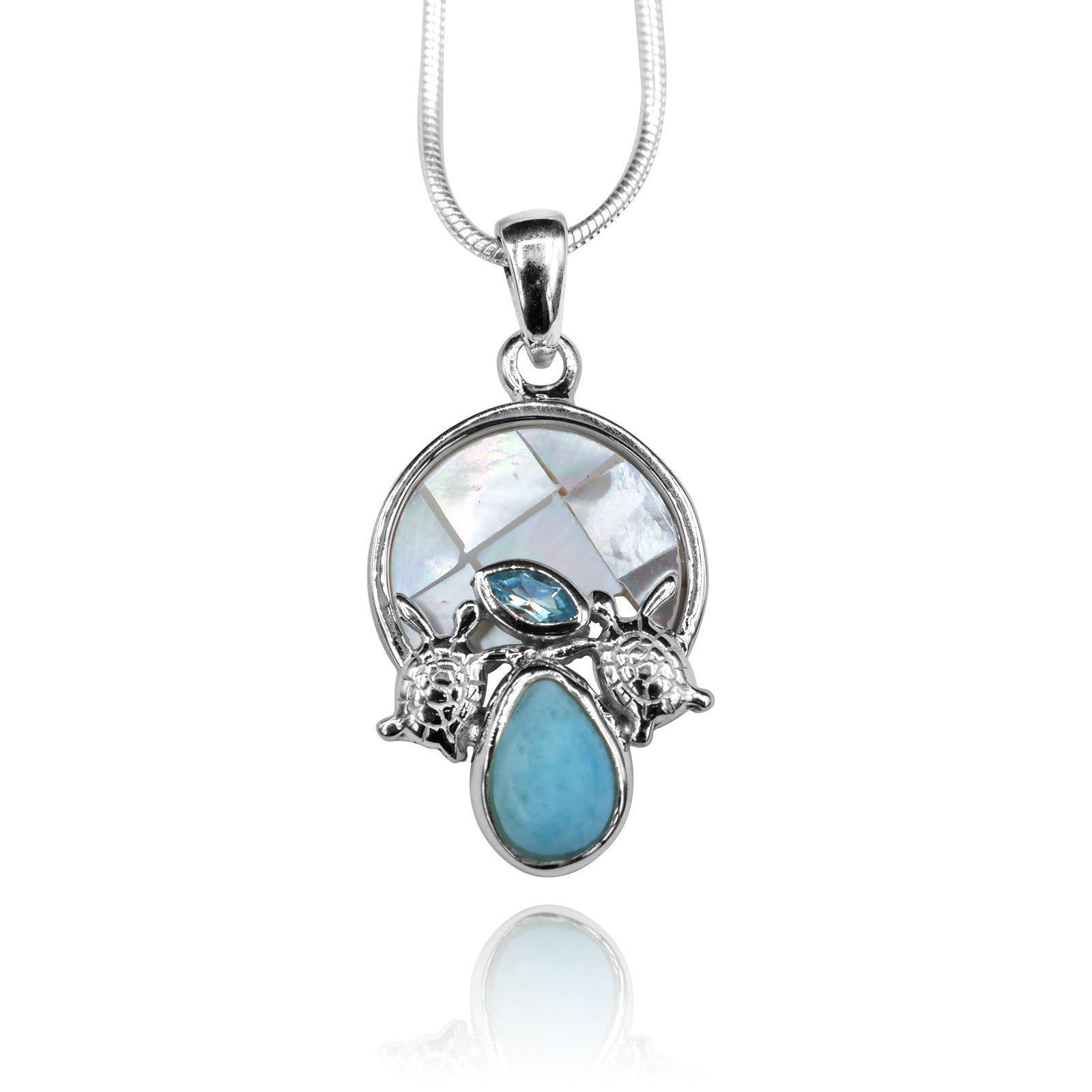 Sea Turtles Pendant Necklace with Blue Topaz, Mother of Pearl Mosaic and Larimar Stone