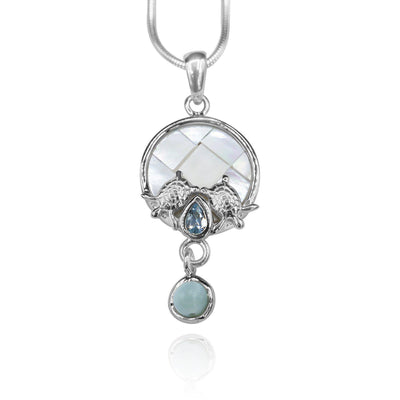 Sea Turtles Pendant Necklace with Blue Topaz, Mother of Pearl Mosaic and Larimar Stone