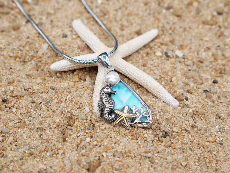 Seahorse and Starfish Beach Pendant with Larimar and Pearl - Only One Piece Created