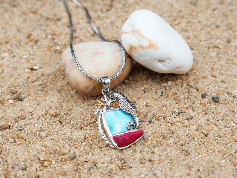 Seahorse Beach Pendant with Natural Red Coral and Larimar - Only One Piece Created