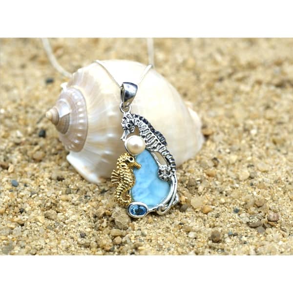 Seahorse Couple Beach Pendant with Larimar, Blue Topaz and Pearl - Only One Piece Created