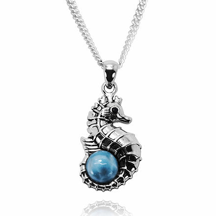 Seahorse Necklace with Larimar and Black Spinel - Miami