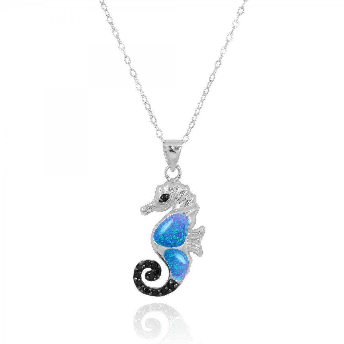 Seahorse Pendant Necklace with Blue Opal and Black Spinel