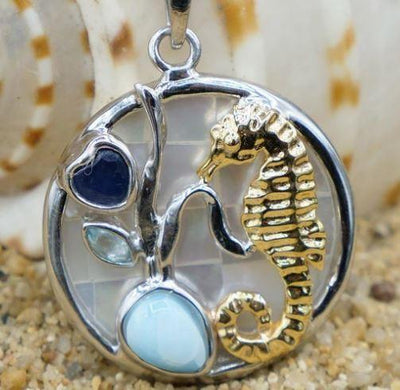 Seahorse Necklace with Larimar, Blue Topaz, Lapis Lazuli and Mother of Pearl