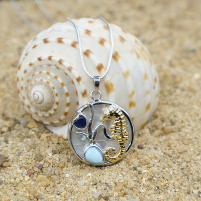 Seahorse Necklace with Larimar, Blue Topaz, Lapis Lazuli and Mother of Pearl