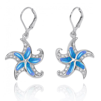 Starfish Lever Back Earrings with Blue Opal and White CZ