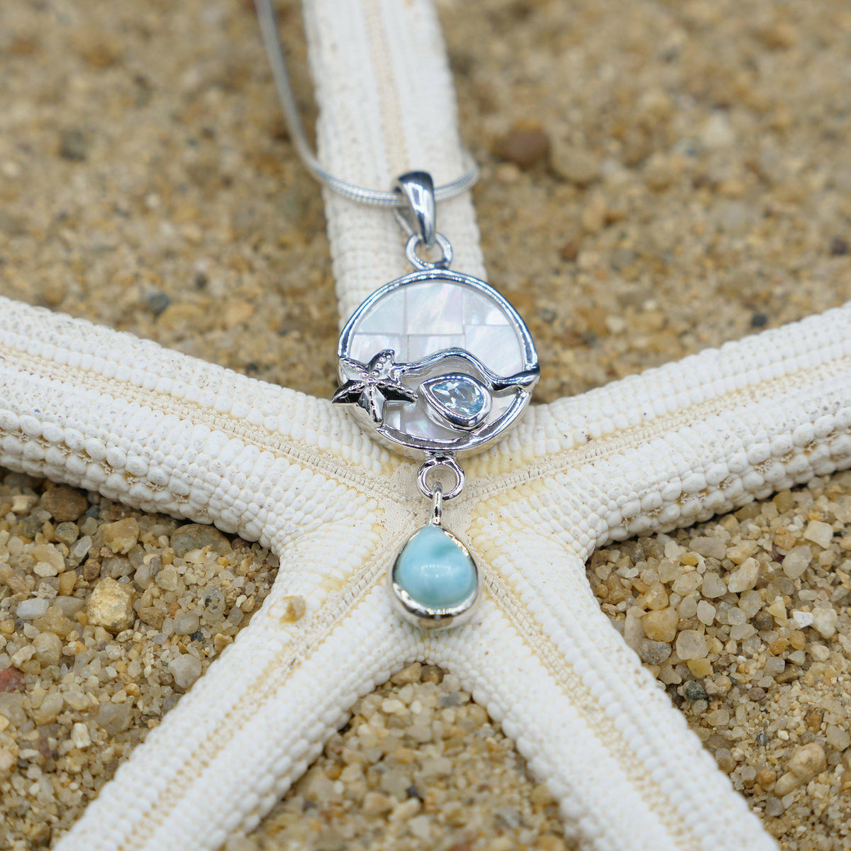 Starfish Pendant Necklace with Blue Topaz, Mother of Pearl Mosaic and Larimar Stone