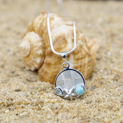 Starfish Pendant Necklace with Larimar, Blue Topaz and Mother of Pearl Mosaic