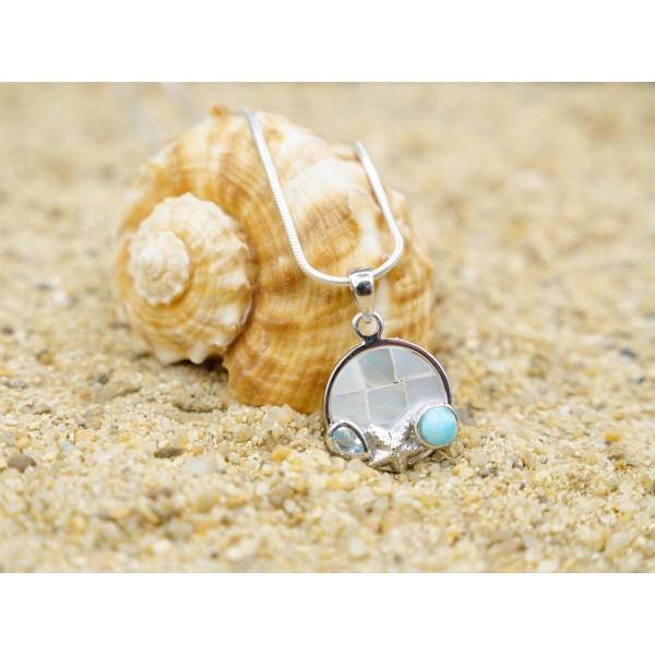 Starfish Pendant Necklace with Larimar, Blue Topaz and Mother of Pearl Mosaic