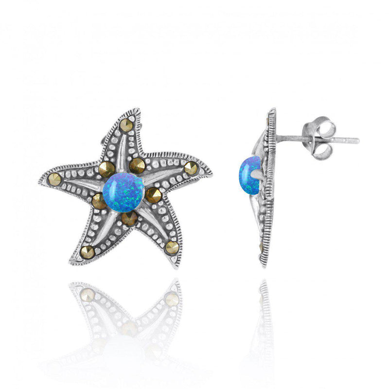 Starfish Stud Earrings with Blue Opal and Marcasite