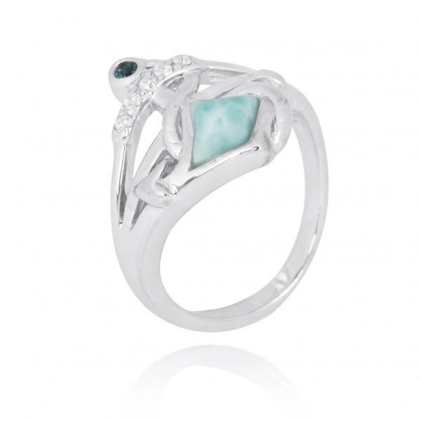 Sterling Silver Anchor Ring with Larimar, London Blue Topaz and White CZ