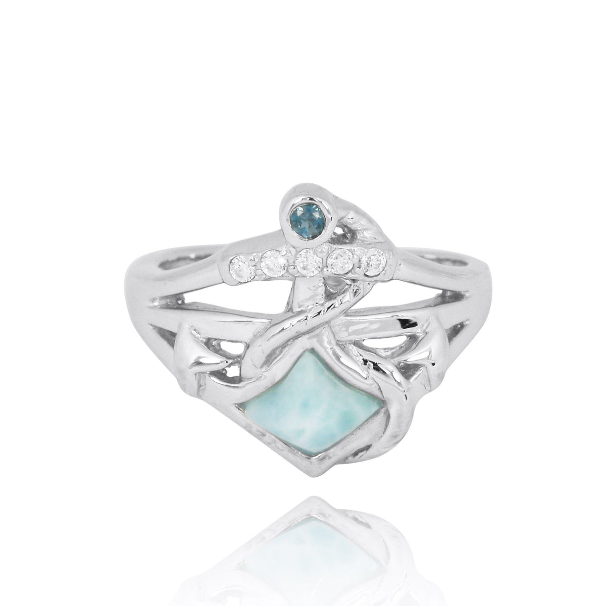 Sterling Silver Anchor Ring with Larimar, London Blue Topaz and White CZ