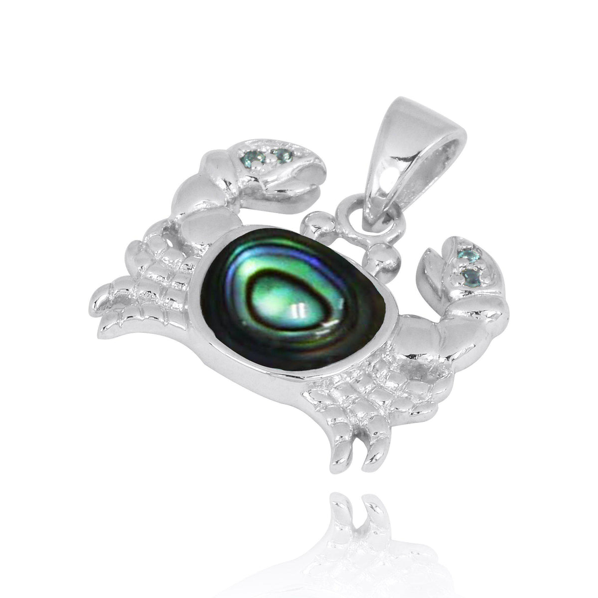 Sterling Silver Crab Pendant Necklace with Abalone Shell and London Blue Topaz