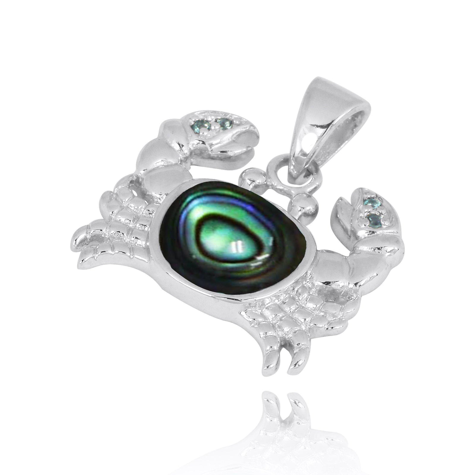 Sterling Silver Crab Pendant Necklace with Abalone Shell and London Blue Topaz