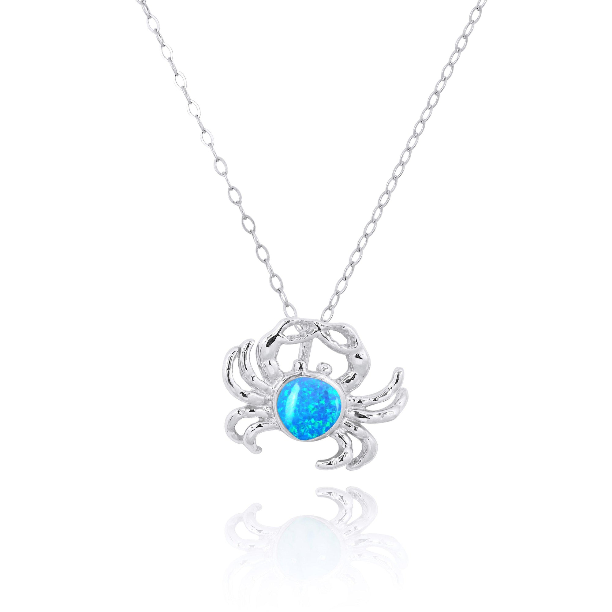 Sterling Silver Crab Pendant Necklace with Blue Opal
