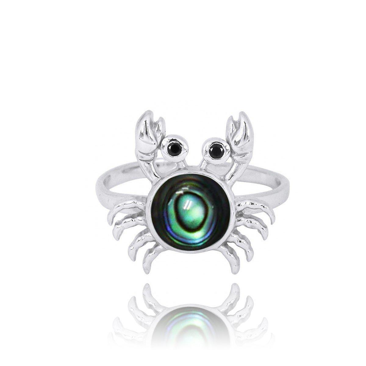 Sterling Silver Crab Ring with Abalone Shell and Black Spinel