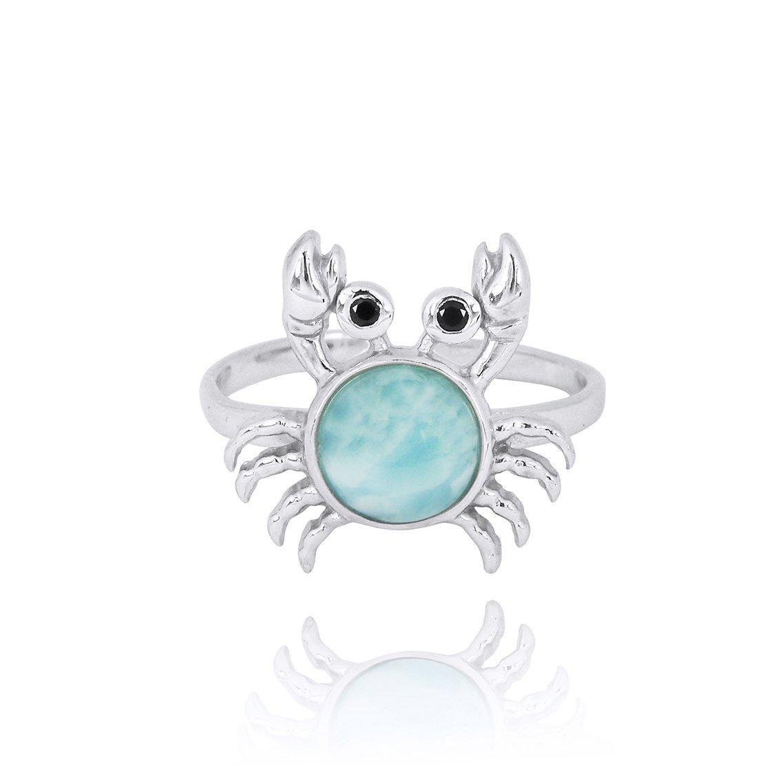 Sterling Silver Crab Ring with Larimar and Black Spinel