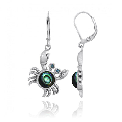 Sterling Silver Crab with Abalone Shell and London Blue Topaz Lever Back Earrings