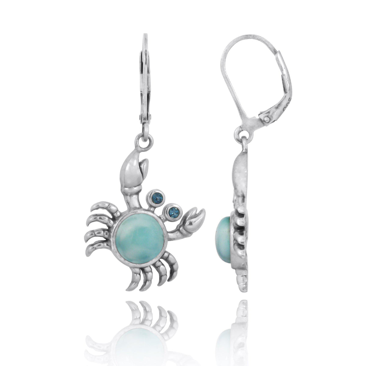 Sterling Silver Crab with Larimar and London Blue Topaz Lever Back Earrings