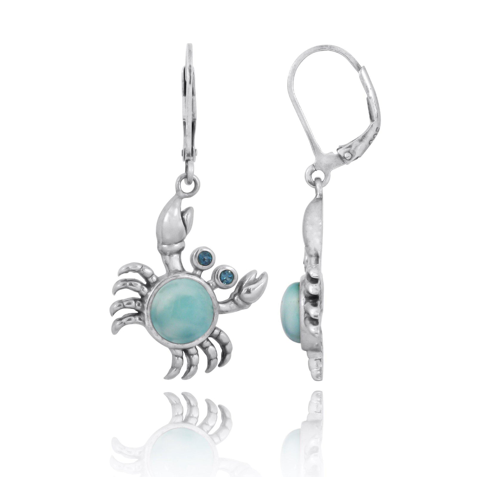 Sterling Silver Crab with Larimar and London Blue Topaz Lever Back Earrings