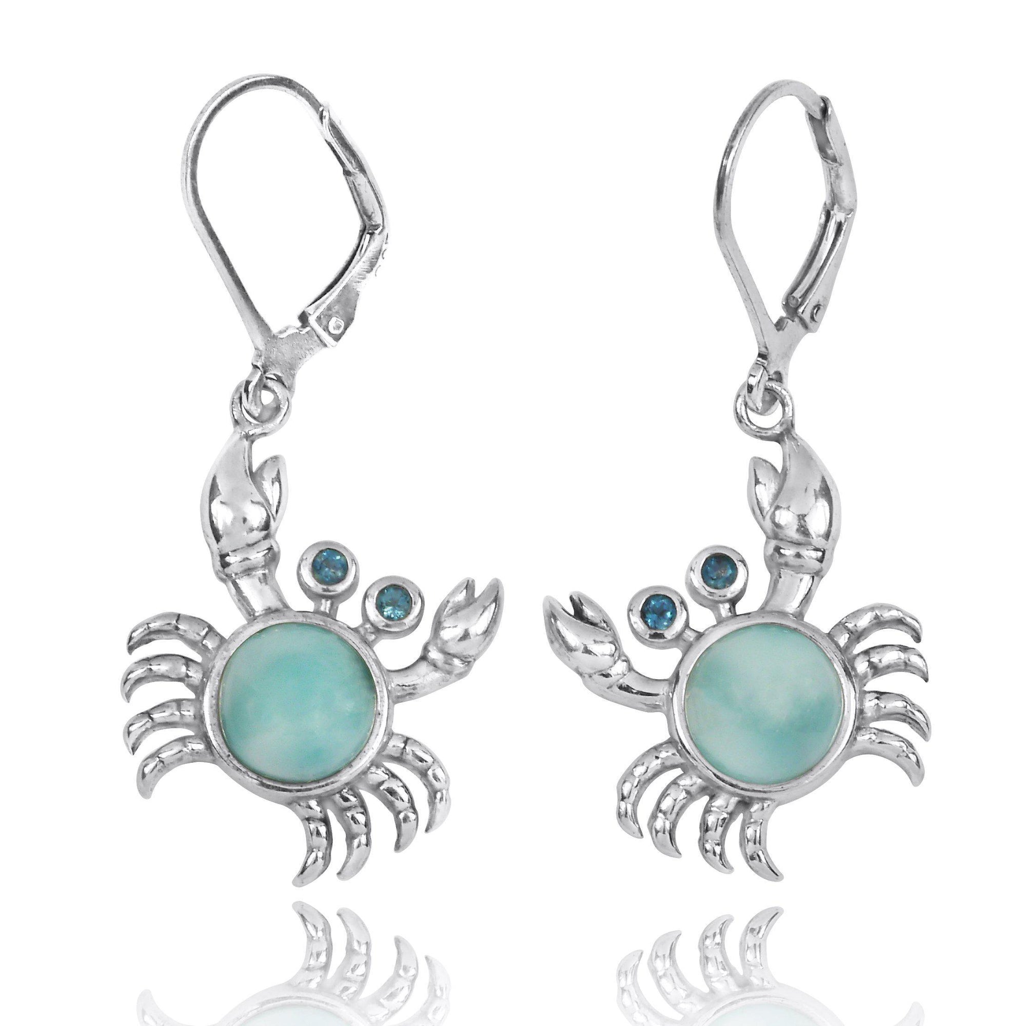 Sterling Silver Crab with Larimar and London Blue Topaz Lever Back Earrings