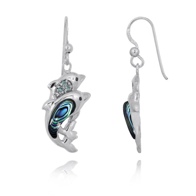 Dolphin Earrings with Abalone Shell and Swiss Blue Topaz