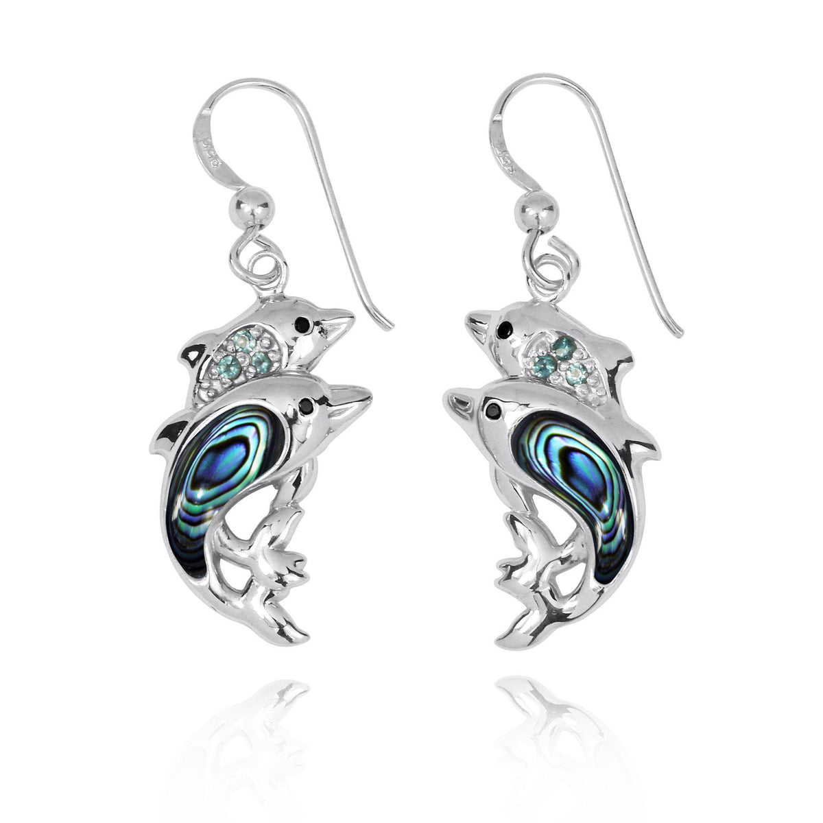 Dolphin Earrings with Abalone Shell and Swiss Blue Topaz