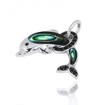 Sterling Silver Dolphin Pendant Necklace with Abalone Shell and Black Spinel